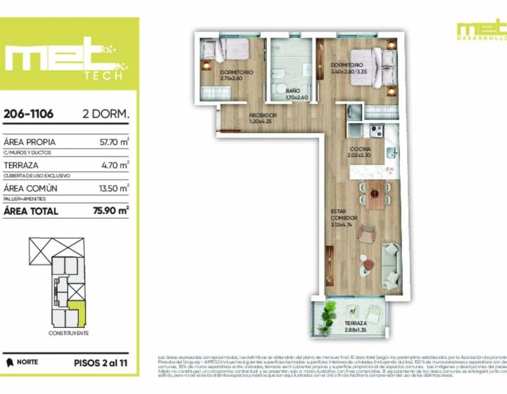 Apartamento 2 dormitorios Cord&oacute;n MET Tech