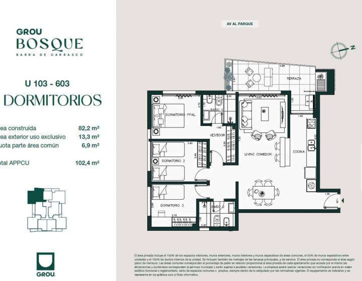 Apartamento de tres dormitorio en Barra de Carrasco a estrenar en Agosto 2026.