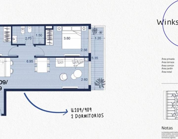Apartamento dos dormitorios a estrenar, setiembre 2026, en Winks Magallanes (unidad 209)
